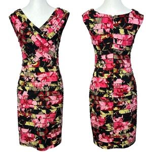 Adrianna Papell Floral Pleated Cap Sleeve Bodycon Dress Office Sz 8